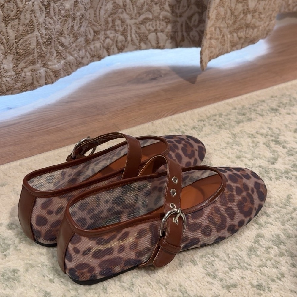 Women's Leopard Print Mary Jane Flats with Brown Trim